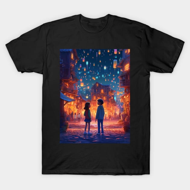 boy and girl in a beautiful fairy tale city T-Shirt by WLBT